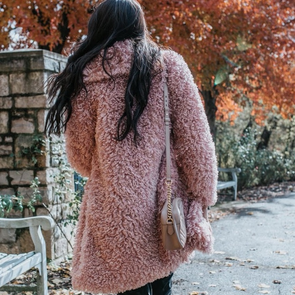 Mauve pink SHAGGY Women Winter Warm Teddy Bear Jacket Fluffy Coat Long Cardigan